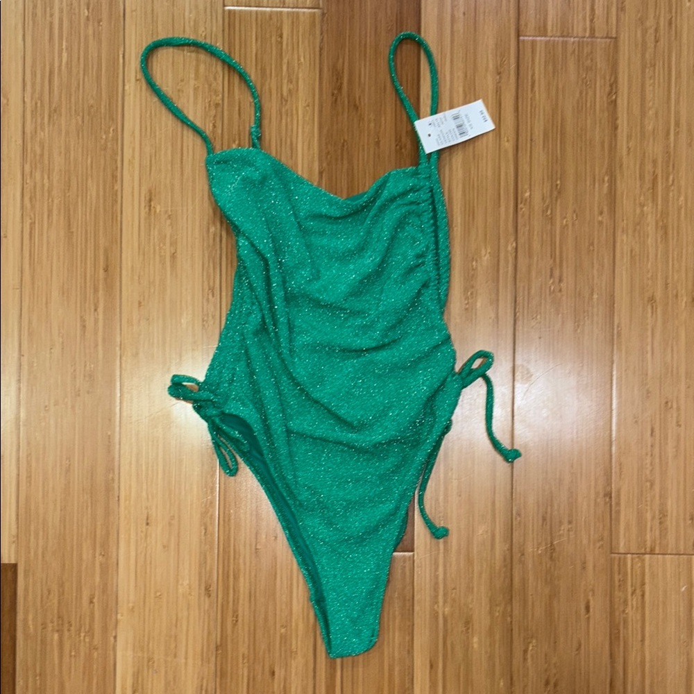 Green Swimsuit with synched sides and open back